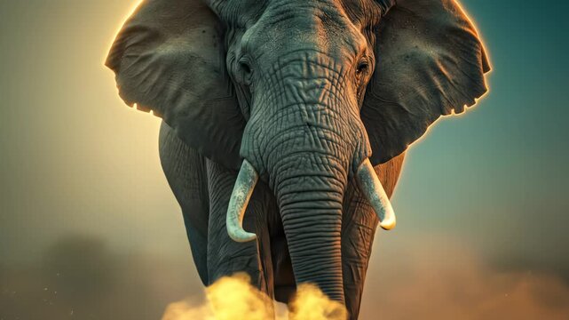 Majestic African elephant walking through dust at sunset with a glowing golden halo effect