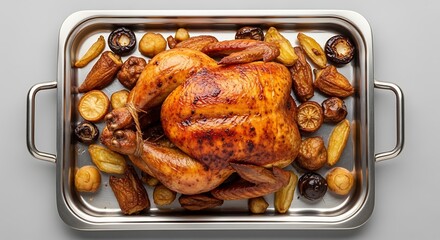 Naklejka premium Roasted chicken with potatoes and vegetables on a silver baking tray delicious meal