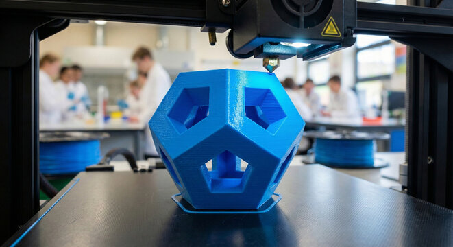 Impresora 3D creando una figura geom&eacute;trica de pl&aacute;stico azul en un laboratorio escolar.