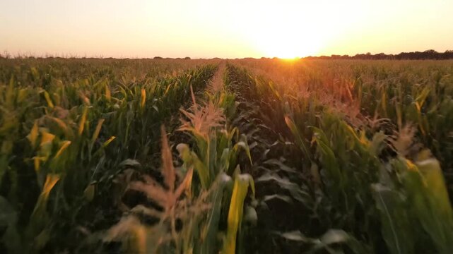 Golden sunset over a vast cornfield with rows of crops stretching into the horizon