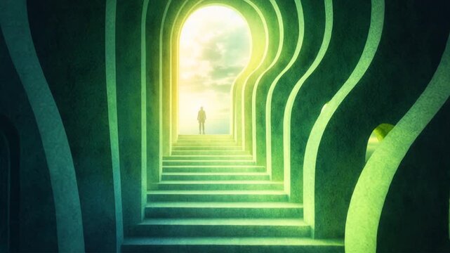Surreal scene with a head and a labyrinth of steps