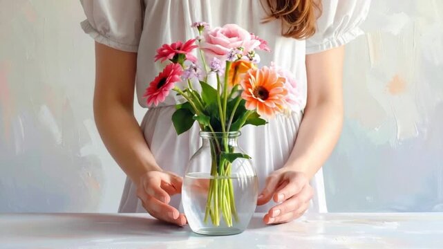 Woman's hands arranging a vibrant bouquet of fresh flowers in a glass vase