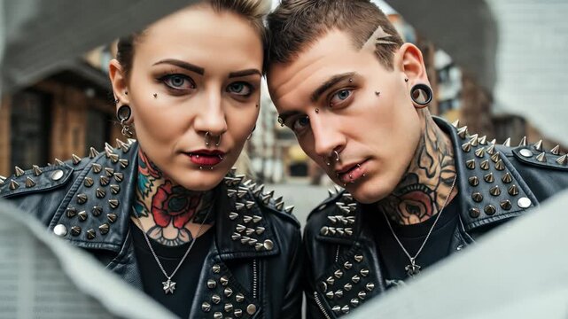 Portrait of a rebellious punk couple with tattoos and piercings looking through a torn newspaper hole