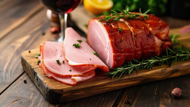  Sliced roasted ham with herbs on wooden board, served with wine and lemon, creating a gourmet festive meat dish food concept.