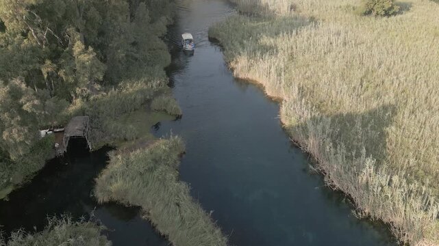 Drone View of a Tour Boat on Scenic Azmak River - Akyaka Turkey