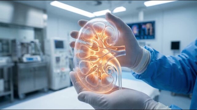 Doctor holding digital hologram of human kidney in hospital lab, representing medical technology, diagnosis, and advanced healthcare innovation concept.