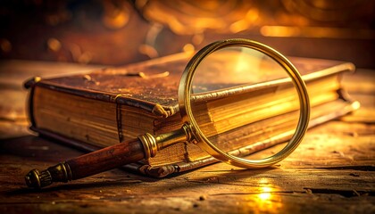 Magnifying glass resting on old book under warm light expressing research investigation knowledge and analytical thinking concept