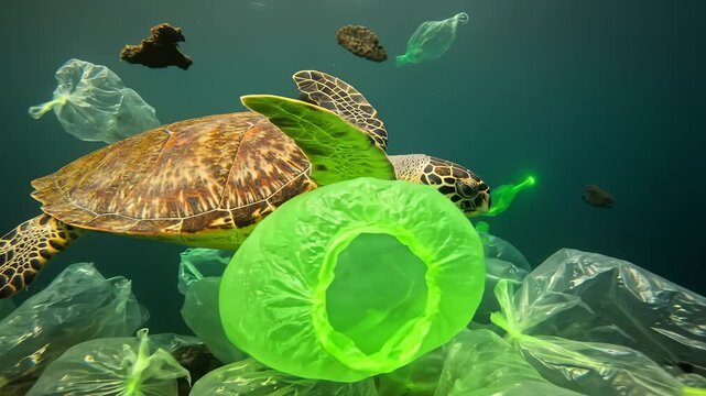 Sea turtle swimming through a dense field of plastic waste and bags in the ocean, highlighting the global plastic pollution crisis and environmental impact on marine life.