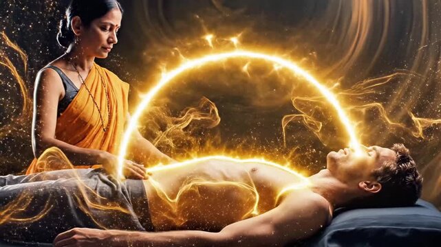 A woman in orange clothing is performing a therapeutic treatment on a shirtless man lying down, with golden energy swirling around them
