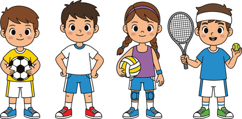 Cute cartoon children sports collection featuring kids playing soccer, volleyball, and tennis, active boy and girl athletes vector illustration icons. © Mst