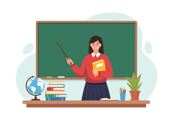 Modern Female Teacher Teaching in Classroom with Blackboard and Educational Materials Illustration