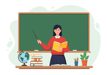 Modern Female Teacher Teaching in Classroom with Blackboard and Educational Materials Illustration