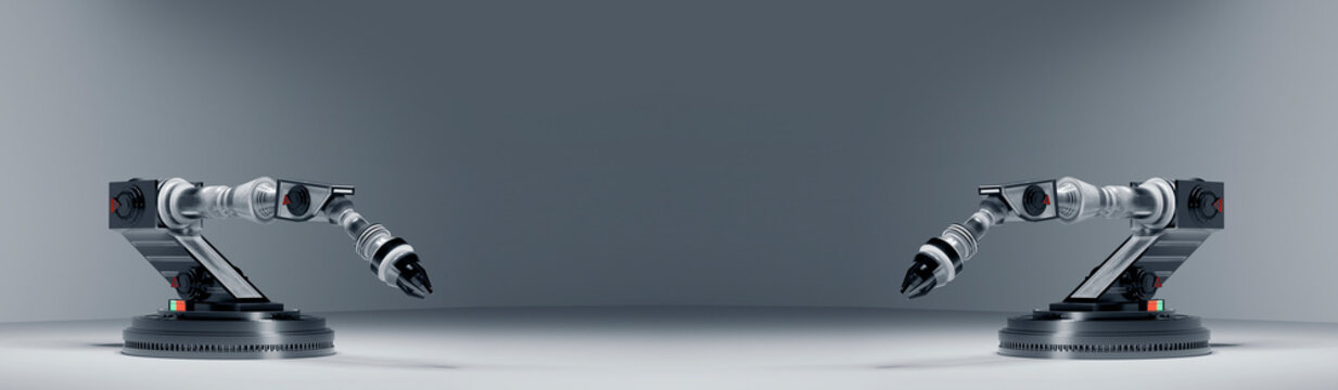 Metallic robotic arm on a high-tech podium. 3D rendering.