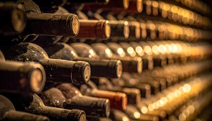 Wine bottles stored horizontally in cellar representing aging storage tradition and beverage culture