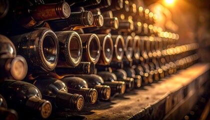 Wine bottles stacked in cellar symbolizing storage aging process and beverage heritage