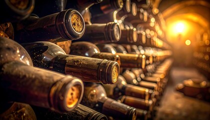 Row of wine bottles in dim cellar expressing maturation craftsmanship and wine industry atmosphere