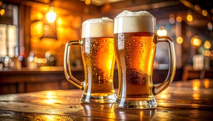 Two glasses of beer on wooden table representing refreshment social drinking and beverage enjoyment