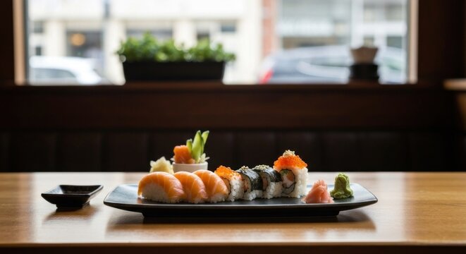 Sushi plate on a wooden table, near a window overlooking a city street