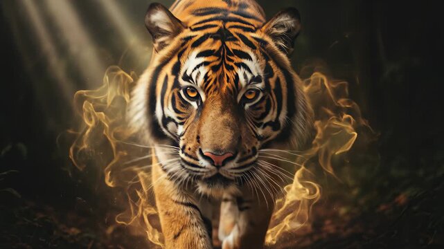 Majestic tiger walking through a dark forest with mystical golden light and fire energy trails