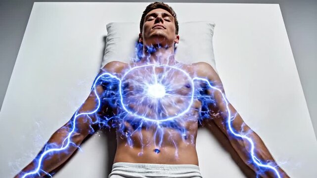 A shirtless man lies on a white surface with blue lightning emanating from his chest