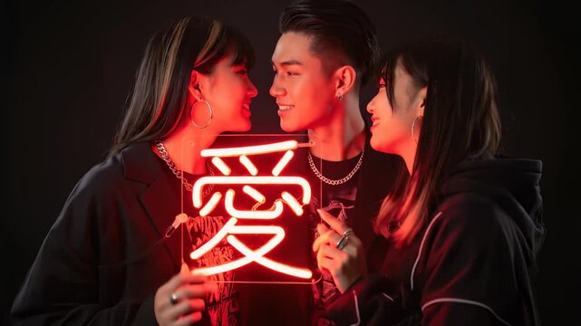 Three young Japanese friends posing with a red neon sign of the kanji character for love against a dark background.