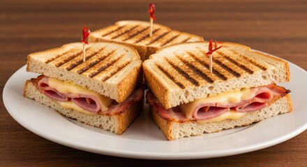 Three toasted sandwiches on a white plate, held together with toothpicks, against wood backdrop
