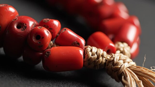 Macro Shot Of Red Coral Beads With Natural Texture And Rustic Rope Detail On A Dark Background