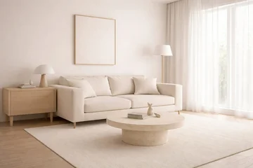 Fototapete Japandi Modern minimalist living room interior with a cream sofa, round coffee table, blank picture frame, and bright natural light from a window.  © melano