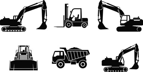 Heavy Construction Machinery Silhouettes Collection Featuring Excavators, Forklift, Dump Truck, and Bulldozer, Industrial Equipment for Building and Engineering Design Projects. © Ziarul