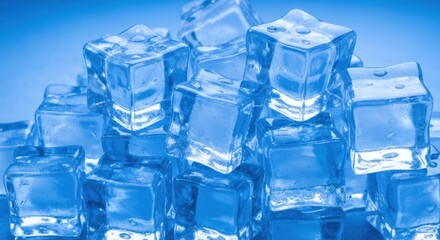 Transparent ice cubes piled on each other against a blue gradient background