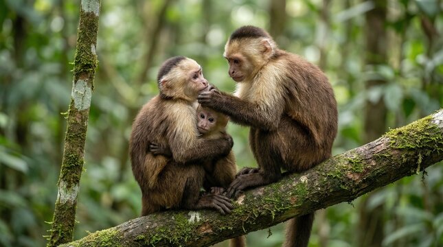 Two monkeys and a baby monkey sitting on a tree branch in a forest