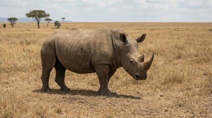 Obraz premium A rhinoceros stands in a dry savannah field with trees in the background under a cloudy sky.