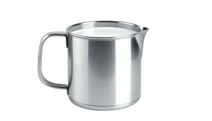 Shiny metallic pitcher filled with a white liquid, likely milk or cream. Set against black