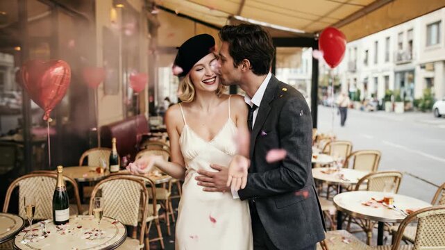 Happy romantic couple celebrating with champagne and falling rose petals at a Parisian sidewalk cafe with heart balloons.