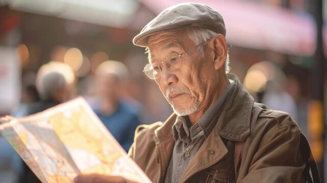Elderly Asian man with glasses and cap intently studying a map outdoors