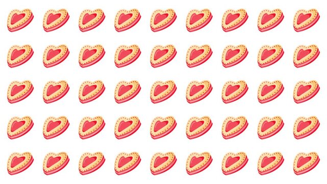 Repeating pattern of heart shaped cookies with pink filling. Perfect for valentines day designs and romantic themes in various creative projects.