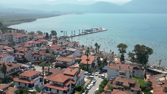 Aerial View of Azmak River and Waterfront Restaurants - Akyaka Turkey