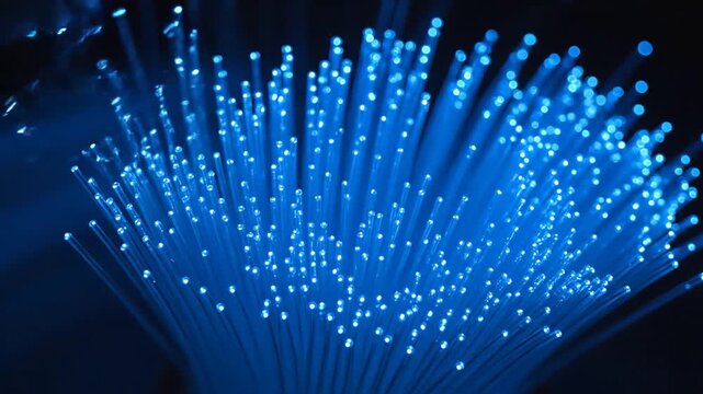 Macro close up of glowing blue fiber optic cables transmitting data in a dark environment