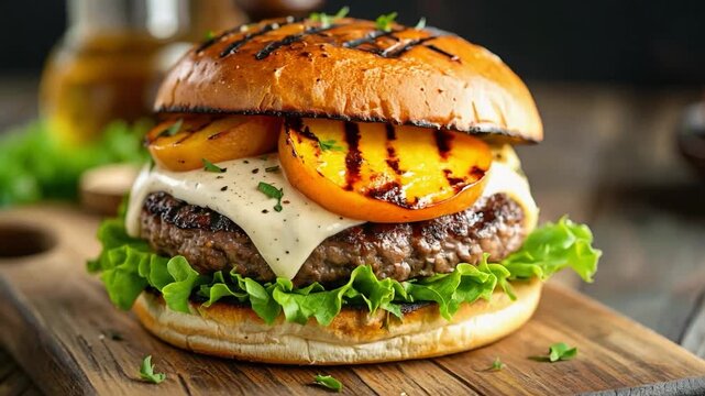Juicy gourmet beef burger topped with grilled pineapple, melted cheese, and fresh vegetables in a toasted bun, blending savory flavor with a sweet tropical twist.