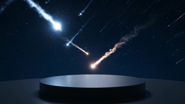 A dark stage awaits under a sky filled with falling stars. Meteors streak across the night, illuminating the cosmic scene.