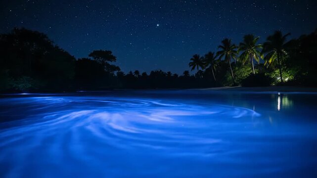 Bioluminescent water glows with ethereal blue light under a starry night sky. Tropical palm trees line the tranquil beach, creating a magical scene.