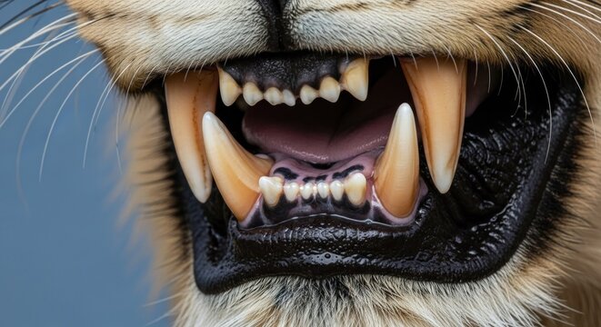 Close-up of a Lions Open Mouth Showing Sharp Teeth and Gums.