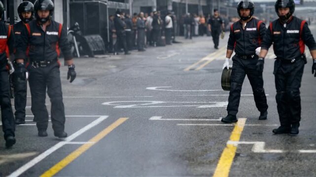 Racing pit stop with coordinated crew movements