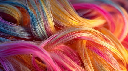 Soft hair strands, dyed in bright colors, are a messy, abstract background.