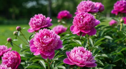 Lush pink flowers in a garden setting with green foliage and blurry backdrop