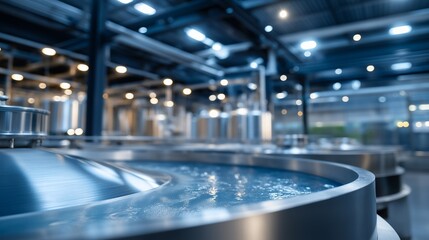 Innovative milk pasteurization process in a state-of-the-art dairy facility with gleaming equipment and professionals ensuring safety and quality. Brightly lit interior showcasing large milk vats