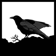 Fototapeta premium Black Crow Silhouette on a Branch.