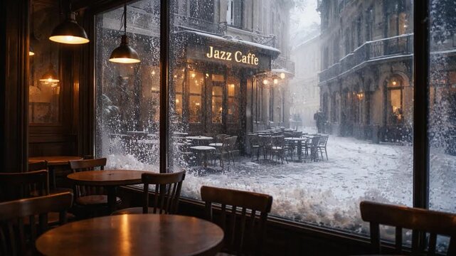 An atmospheric jazz caf&eacute; on a rainy European street with candlelit tables, capturing a cozy, nostalgic mood of music, romance, and urban charm.