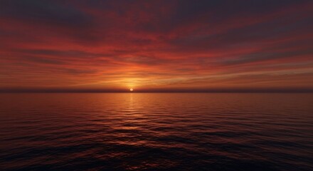Vibrant sunset casts long reflections on tranquil ocean, clouds painted in warm tones