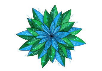 Stylized digital flower with blue and green petals showcasing circuit patterns
